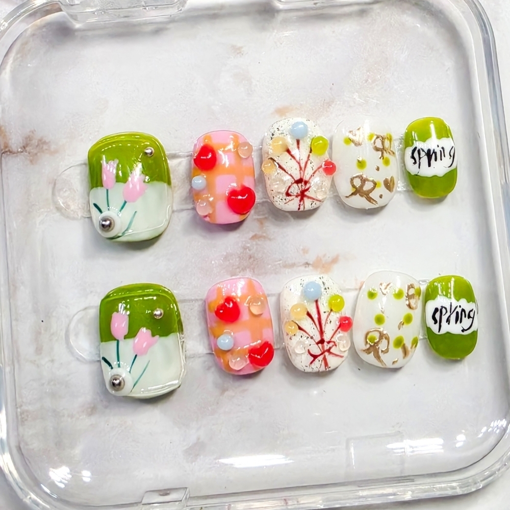 ​Kawaii Spring Tulip Press On Nails Green & Pink Floral 3D Art Size Small